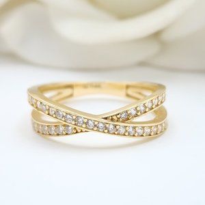 Solid 14k Gold Crossed CZ Ring - X Shaped 14k gold band